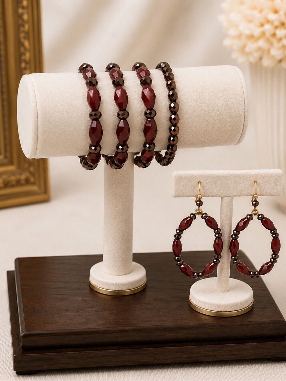 Boutique Burgundy & Iridescent Plum Bracelet Stack + Matching Hoop Earrings Set